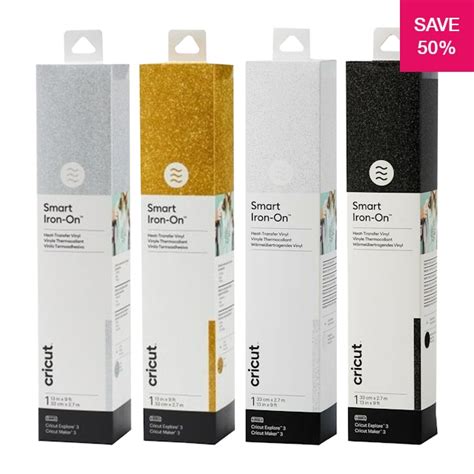 Cricut Smart Iron-on 33x273cm 1 sheet (Glitter White); 1 roll 33 cm x 2.7 m (13 in x 9 ft); Works without a cutting mat – just load & go!; Outlasts 50+ washes!; Cuts beautifully and weeds easily; For Cricut Explore™ 3 & Cricut Maker™ 3